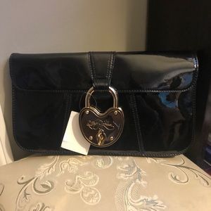 Betsy Johnson Black Patent clutch Huge Gold Lock.
